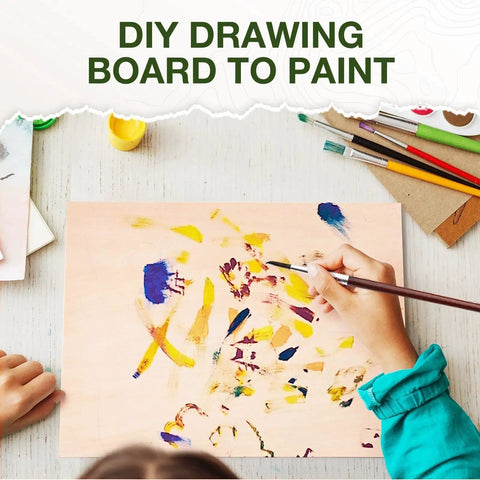 Child painting on a DIY drawing board with various art supplies visible around.