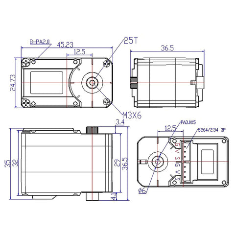 Technical diagram of 12V 30kg Magnetic Encoder Servo with dual axis metal gear, TTL serial bus control, 360 degree rotation and feedback