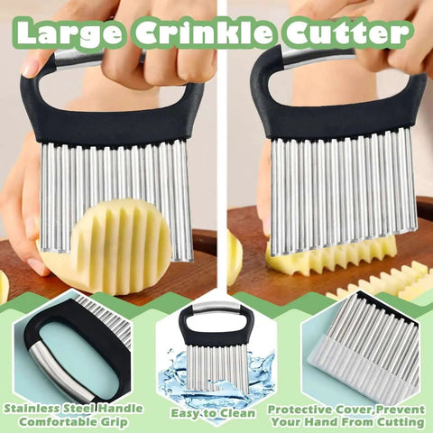 Big Crinkle Cutter For Veggies And Fries With Easy Grip Handle That Feels Like A Pro in hand cutting potatoes with stainless steel blade