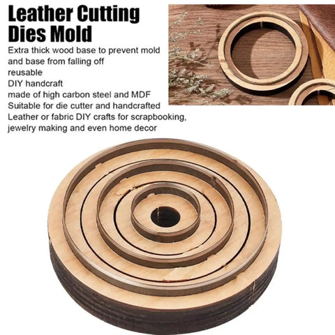 3-Piece Round Leather Cutting Die Set With Wooden Base And Japanese Precision Steel Blades For Clean Cuts On Leather And Neoprene Coasters
