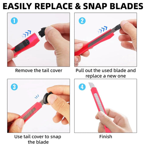 Steps to replace blade in 4 Pack Retractable Box Cutters Knife Set for Cardboard and Paper, showing hands demonstrating blade change.