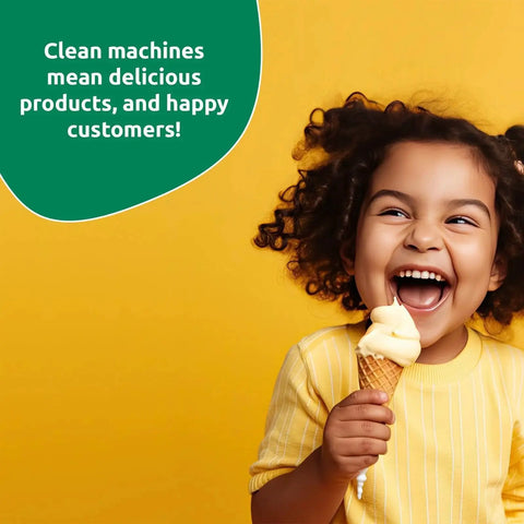 Vanilla ice cream cone held by smiling child against a yellow background with a green speech bubble.