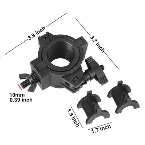 5-pack black plastic stage light O-clamps for DJ par lights, fits 1–2 in. OD truss pipes.