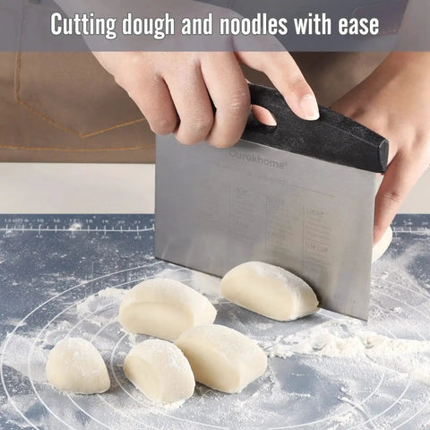 Person using Stainless Steel Dough Pastry Bench Cutter Scraper Two Pack For Kitchen Baking With Laser Engraved Measuring Scale