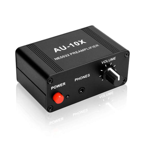 Front view of Mini Stereo Audio Preamplifier And Headphone Amplifier With 20dB Gain For Weak Signal Boost, compact black design