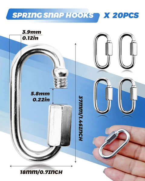 20 Pack Alloy M3.5 D Shape Locking Quick Links One Eighth Inch Chain Repair Links in hand and size chart