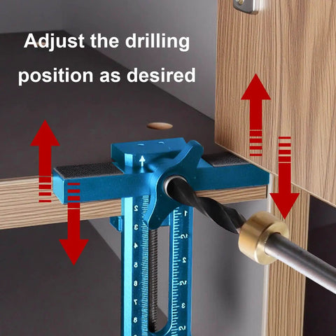 3 in 1 Cabinet Door Mounting Jig With Adjustable Clamp And Quick Hole Opener Aluminum Alloy Positioner in use on cabinet door