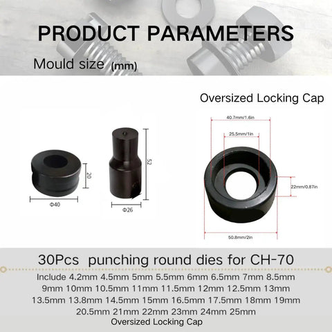30 Piece Round Hole Punch Die Set For CH 70 Hydraulic Punch Machine, detailed measurements of oversized locking cap.