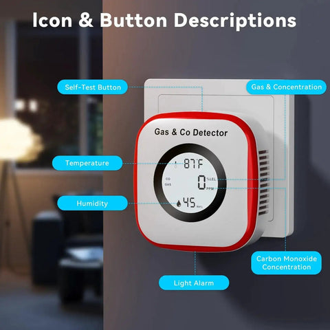 Five In One CO And Gas Leak Detector With Plug In And Battery Backup Temperature Humidity Sensor Display and Buttons