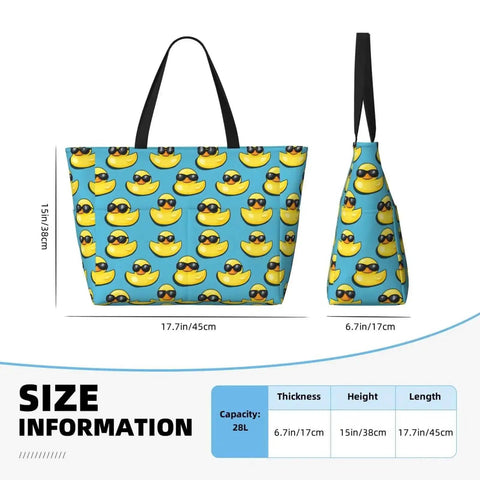 Side and front view of Sandproof Beach Tote For Women with duck print, measuring 17.7x15in, made of lightweight honeycomb polyester.