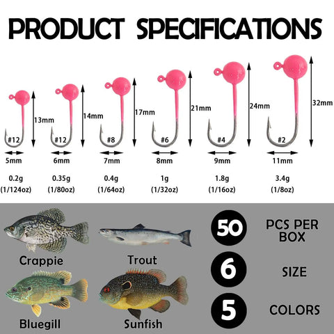 Image showing Pro Grade Fly Tying Jig Heads Kit with 50 jig heads, various sizes from 1/124 to 1/8 oz, and 5 vibrant colors.