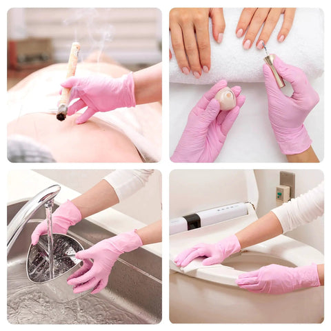 Pink Nitrile Gloves 3 Mil Latex Free Powder Free for Cleaning 100 Count shown in various uses