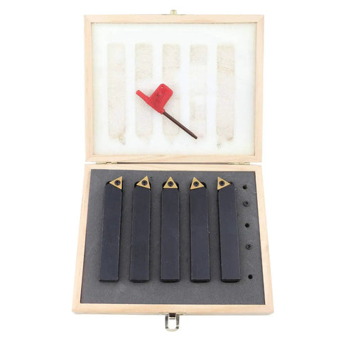 All In One Pro Grade Carbide Turning Tool Set Five Piece Indexable Cutter Kit With Three Quarter Inch Shanks And 60 Degree 75 Degree And 90 Degree Tips For Turning Boring Chamfering Facing Threading And V Groove in wooden box