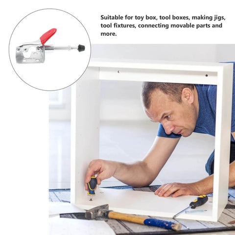 Man installing furniture using Heavy Duty Push Pull Toggle Clamps Set With Quick Locking, Adjustable Horizontal Clamps shown.