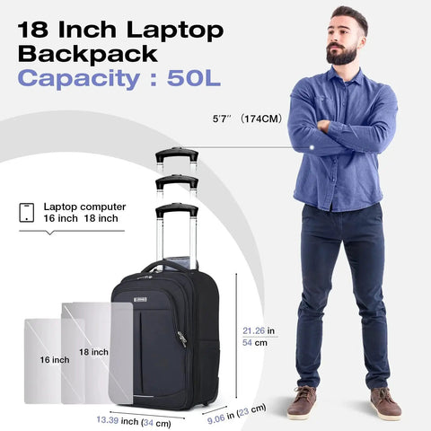 Go To Rolling Backpack Carry On With Wheels For Adults, 18 Inch Laptop Ready, Waterproof 50L Travel Bag For Men And Women, Black