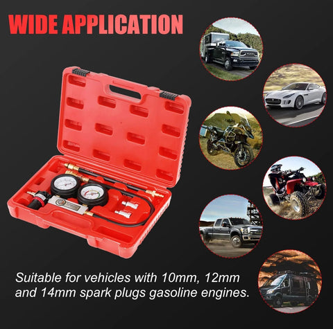 Cylinder Leak Down Tester Kit Pro Grade With Dual Pressure Gauges in red case with adapters for gasoline engines.