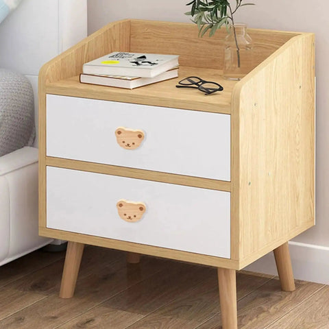 Nightstand with Bear Shaped Wooden Knobs 6 Pieces Single Hole Beech Wood Cabinet Handles, ideal for kids room furniture hardware.