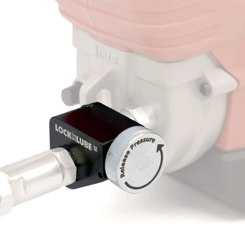 LockNLUBE M pressure return valve for cordless grease guns, black body with silver release knob.