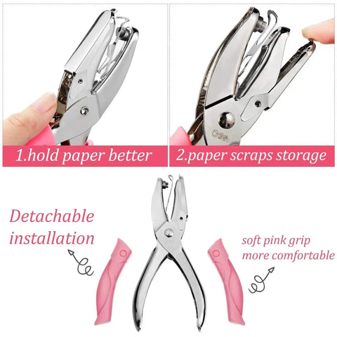 Close-up of Three Piece Hole Punch Set with circle heart star shapes, metal body, soft grip, detachable handle for scrapbooking DIY projects.