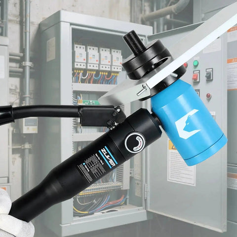 Hydraulic Knockout Hole Punch Driver Kit With Eight Ton Power, Six Dies From Half Inch To Two Inch in use on metal conduit cabinet