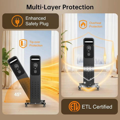 Efficient 1500W Oil Filled Radiator Heater With Rapid Whole Room Warmth 7 Turned Edge Fins Energy Saving Electric Space Heater 3 Heat Settings Tip Over And Overheat Protection Portable Wheeled Heater For Home Office Indoor Use Black with safety and protection features highlighted