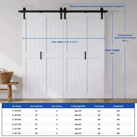 Bifold Barn Door System 72x84 Inches White MDF Sliding Closet Doors With Hardware Kit Included; front view with measurements and table.