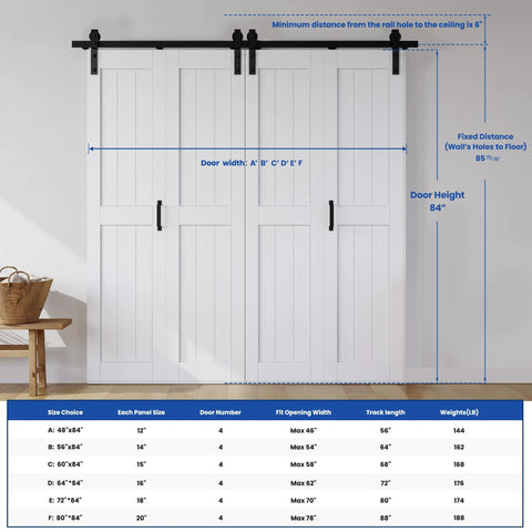 Bi-Fold Barn Door 64 By 84 Inches, MDF Sliding Closet Doors With Hardware Kit, installed with four white panels.