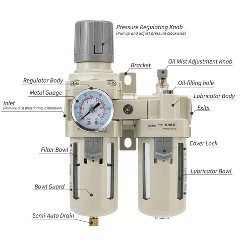 LNCHKA FRL air regulator with gauge, dual filter and lubricator bowls, 3/8 in NPT fittings