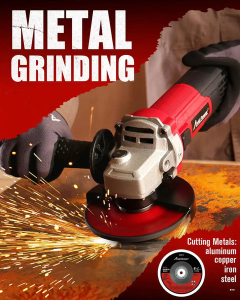 Powerful Four Point Five Inch Angle Grinder With 750 Watt Motor 11500 RPM Six Point Five Amp grinding metal surface