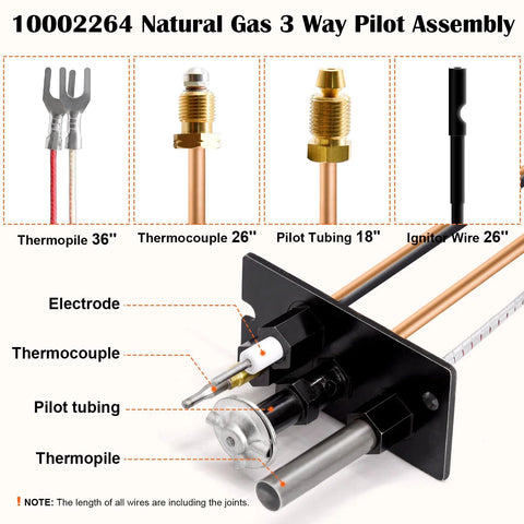 Hiorucet 10002264 Natural Gas 3-Way Pilot Assembly Kit for fireplaces with thermopile, thermocouple, and pilot tubing