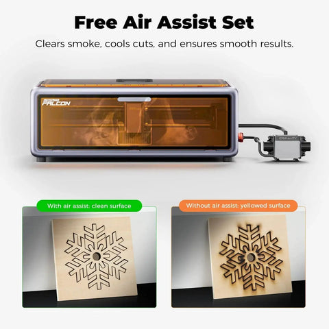 Falcon A1 10W Laser Engraver With Enclosed 80W Cutter showing air assist effect on wood engraving from Creality.