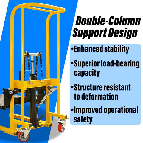 Yellow hydraulic material lift stacker with double-column frame, pallet forks, and 360-degree casters