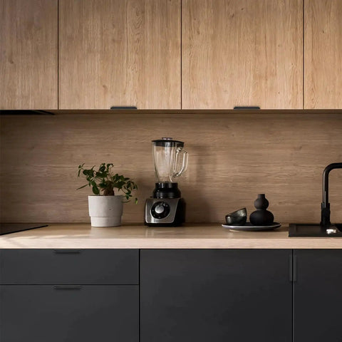 10 Pack Black Finger Edge Pulls For Cabinets And Drawers, installed in modern kitchen, showcasing matte black finish on wood cabinetry.