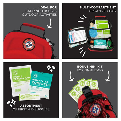 398-Piece Emergency First Aid Kit With Bonus Mini Backpack, ideal for camping, hiking, and various outdoor activities; organized compartments and supplies.