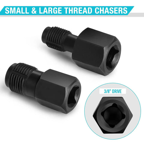 Five Piece Oxygen Sensor Socket And Thread Chaser Kit For Cars With 22mm Offset Sockets In One Half Inch And Three Eighth Inch Drives Long Socket M12 By One Point Two Five And M18 By One Point Five Thread Chasers, showing two black thread chasers with 3/8 inch drive close-up.