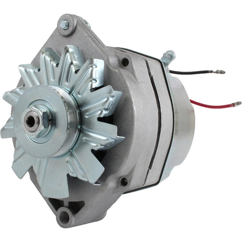 Delco Marine 12V 105 Amp 3 Wire Alternator Replacement for Volvo Penta and Mercruiser Boats, side view showing fan and wiring