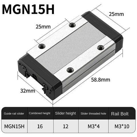 Miniature Linear Rail Slide for 3D Printers with Black Carriage, MGN15 H 650mm Long, dimensions and specifications shown.