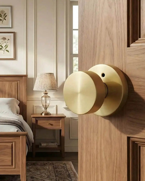 Brushed Gold Privacy Door Knobs Set in bedroom, heavy duty zinc alloy, round design, one-touch lock, durable finish, pack of 6.