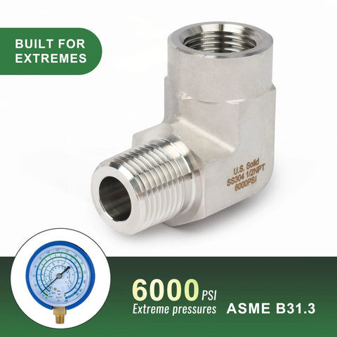 U.S. Solid 304 stainless steel 90-degree street elbow, 1/2 in NPT, male to female, 6000 psi