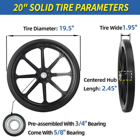 Flat Free Twenty Inch Tire And Wheel Set With Centered Hub Two And Half Inch For Wheelbarrow And Garden Cart Replacement Two Pack Puncture Proof Polyurethane Solid Wheel Bearing Three Quarter And Five Eighth Inch For Rubbermaid Style, showing diameter, width, and hub details.