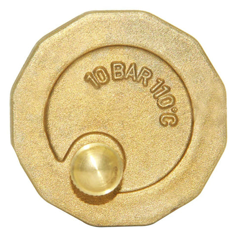 Brass air release valve cap with 10 BAR marking, octagonal head and small knob