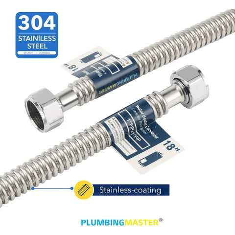 Stainless Steel Corrugated Water Heater Connector 18 Inch With 3/4 Inch FIP Ends, 1/4 Inch OD Flexible Hose, product labels visible