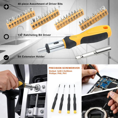 Ultimate 199 Piece Home And Auto Tool Kit Set For DIYers Homeowners And Handymen with screwdriver bits and ratcheting driver.
