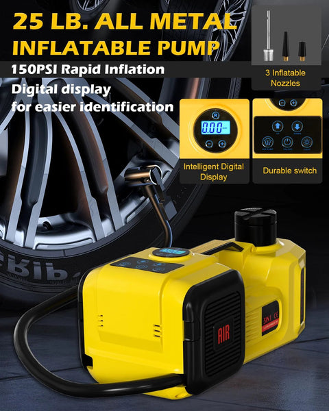 Yellow 5-ton 12V electric car jack with digital display, inflator pump, and LED light