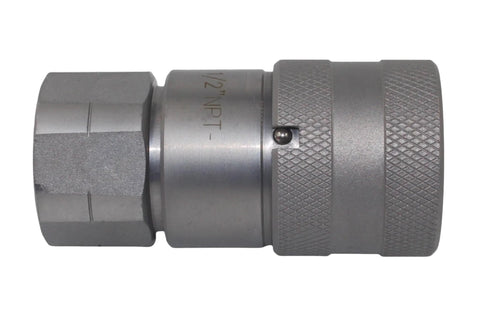 Hydraulic quick-connect coupling, 1/2 in NPT, flat-face, silver-gray metal with knurled sleeve