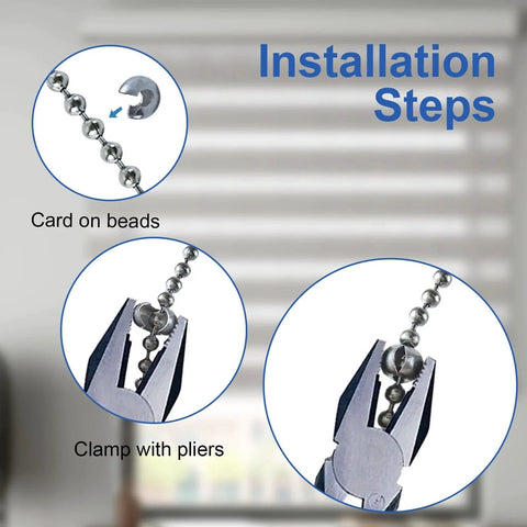 Installation steps showing 20 Pack Ball Bead Chain Stop 10.0mm Extra Large For Number Ten Beaded Ball Chain Curtain Louvers with pliers