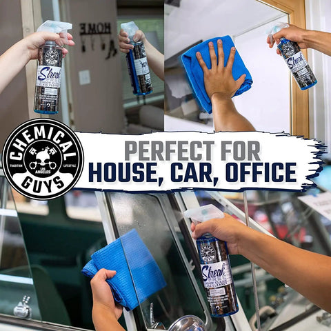 Streak Free Glass And Window Cleaner That Delivers Crystal Clear Windows For Car, Truck, SUV And Home, Mirrors And Navigation Screens, Ammonia Free And Safe On Tinted Glass 473 Ml From Chemical Guys in use on various surfaces.