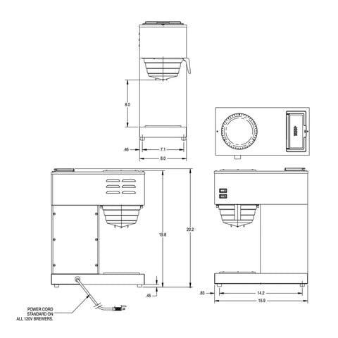 Technical drawing of VPR 2EP 12 Cup Pourover Commercial Coffee Brewer With Two Easy Pour Decanters Black Stainless Heavy Duty Coffee Maker