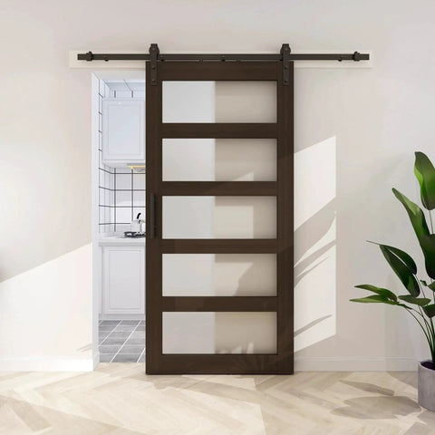 36 Inch By 84 Inch Glass Barn Door With 6.6 Foot Sliding Door Hardware Kit Included And Handle Five Panel Frosted Glass Solid Wood Slab With Waterproof PVC Surface For Privacy And Durability Pre Drilled For Easy Assembly Brown, installed view