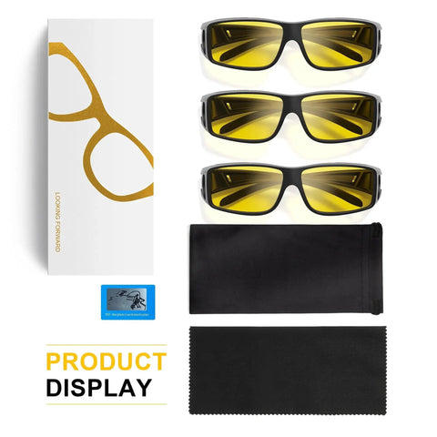 Triple-Pack Polarized Yellow Night Driving Glasses Anti Glare Wrap Around Fit Over Glasses with case and cloth